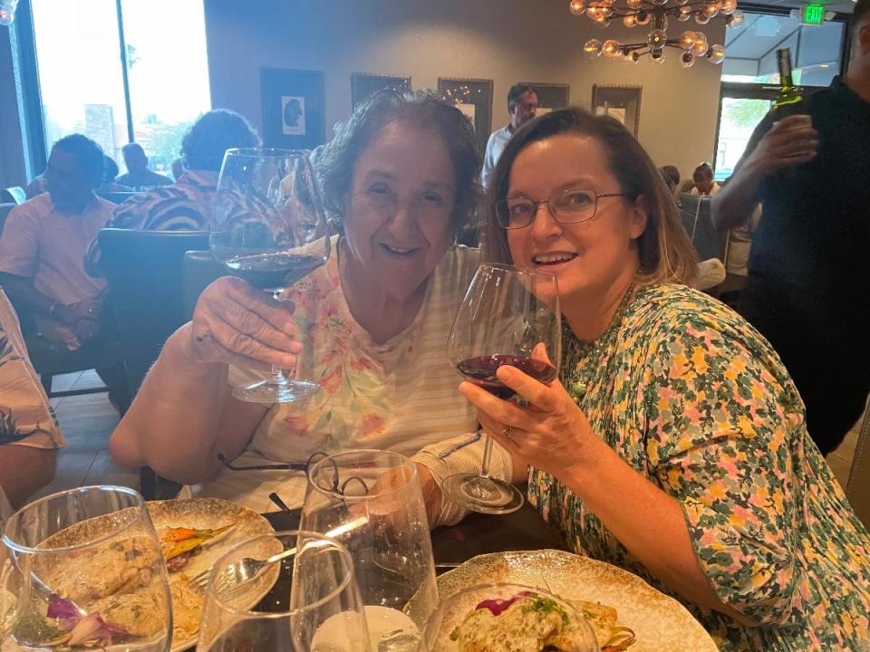 Edwina Dirk, ACV board member and Priscilla Kubas, ACV program director, enjoy a toast at the Wirewomen PSP event on July 31, 2022.