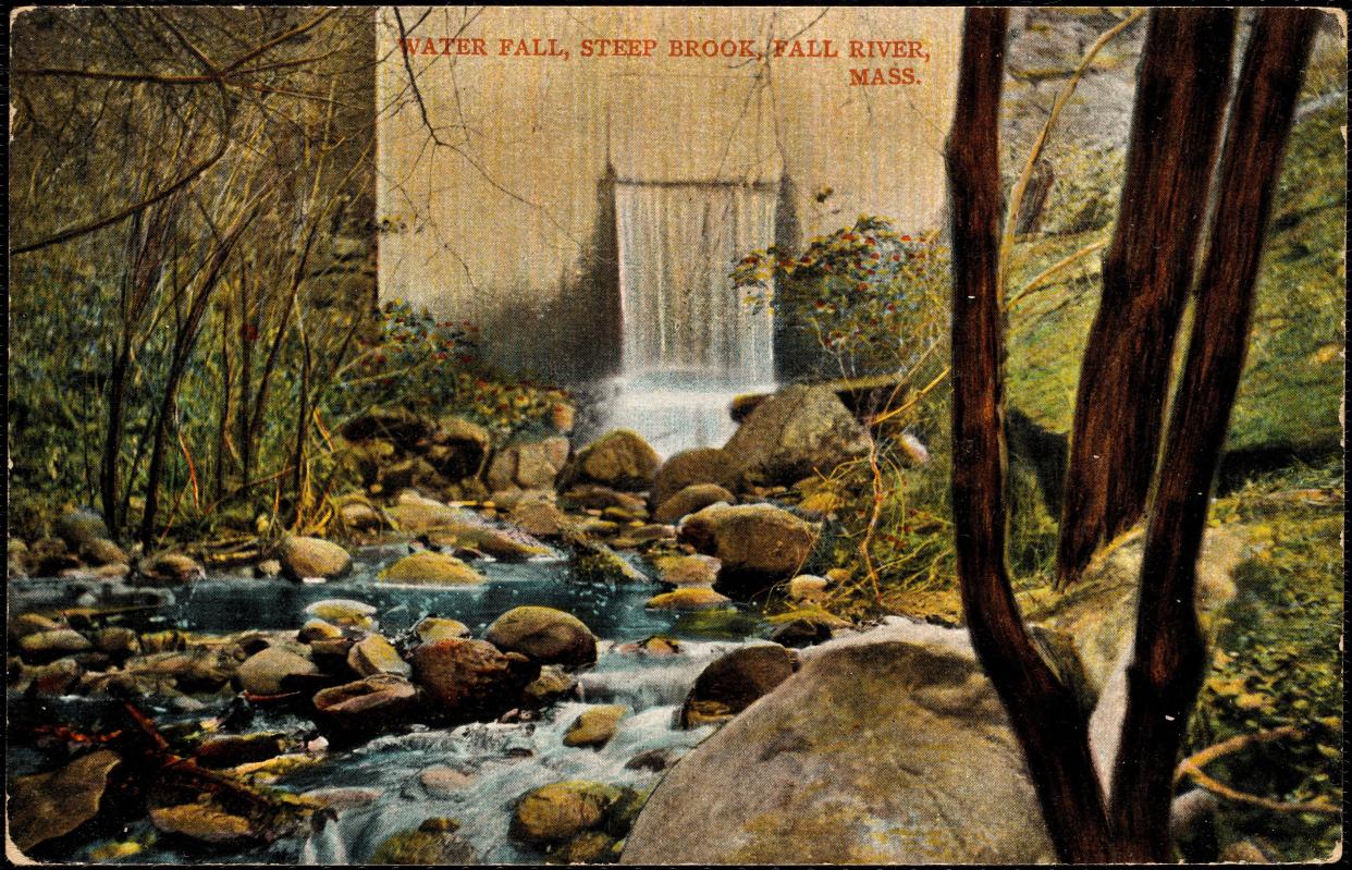 A waterfall at Steep Brook in Fall River is depicted in this photo postcard. Steep Brook gave its name to a neighborhood in Fall River that served as its first village.