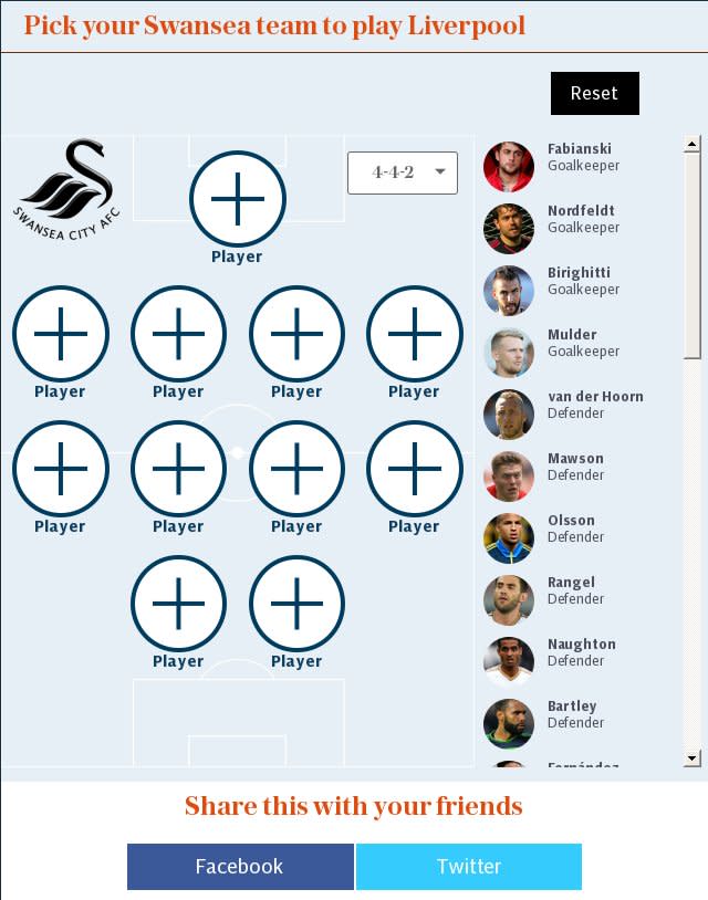 Pick your Swansea team to play Liverpool