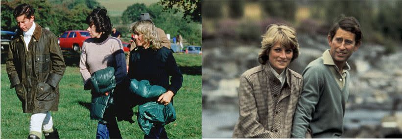 Prince Charles and Camilla Parker-bowles walk with their friend Lady Sarah Keswick In 1979; Charles and Diana in 1982.