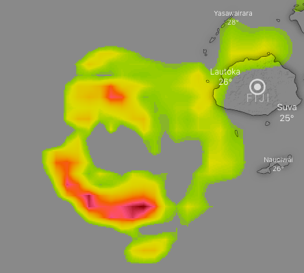 A weather map from Windy.com shows thunderstorms from Cyclone Sarai near and over Fiji.