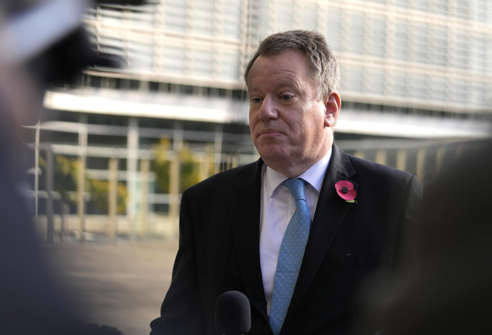 United Kingdom's chief Brexit negotiator David Frost speaks with the media outside EU headquarters in Brussels, Friday, Nov. 5, 2021. The UK's chief Brexit negotiator David Frost meets his EU counterpart Maros Sefcovic on Friday to discuss outstanding issues regarding trade in Northern Ireland. A fishing row between Britain and France is further complicating issues between the EU and recently departed Britain. (AP Photo/Virginia Mayo)