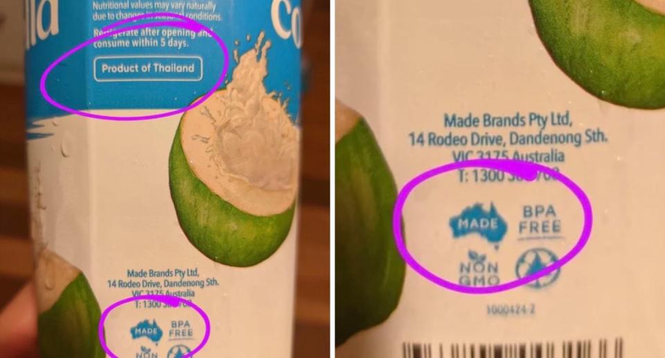 The 'misleading' logo on a bottle of Cocobella coconut water.