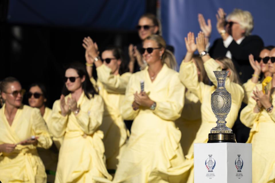 Solheim Cup team Europe clap during the opening ceremony of the Solheim Cup in Marbella, southern Spain, on Thursday, Sept. 21, 2023. (AP Photo/Bernat Armangue)