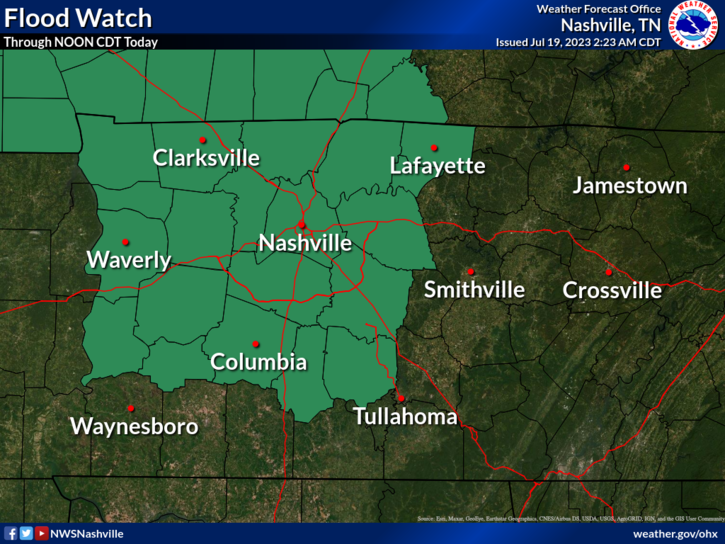 Nashville and much of the western counties in Middle Tennessee are under a flood watch until 8 p.m. Wednesday, July 19, 2023.