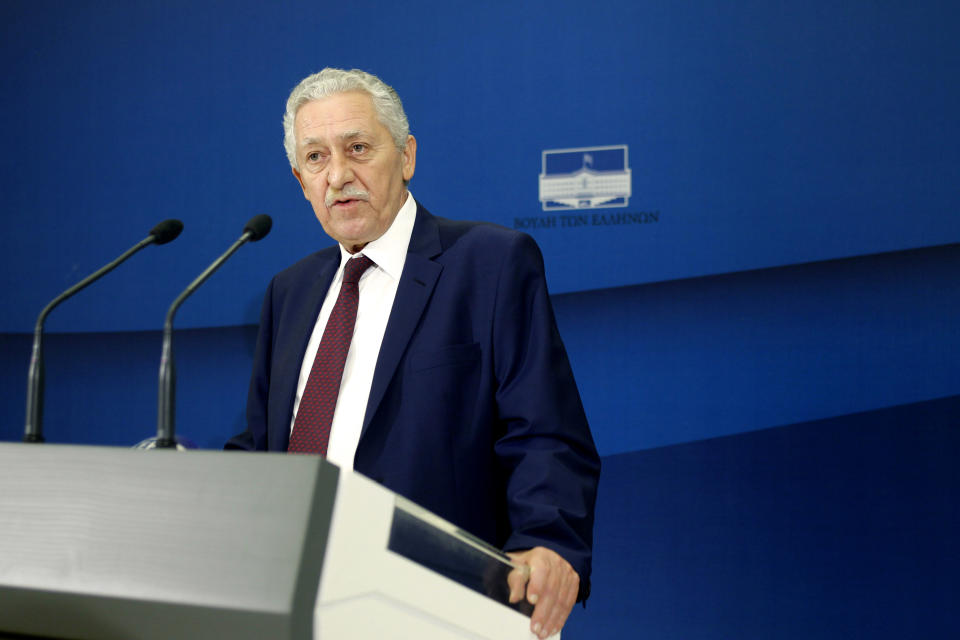 Fotis Kouvelis, whose Democratic Left party is a junior partner in Greece's governing coalition, speaks to the media after a meeting between the heads of the three parties in the four-month-old, conservative-led coalition in Athens, on Tuesday, Oct. 16, 2012. Kouvelis ruled out new reforms demanded by bailout creditors, which he said would “crush” labor rights in the debt-crippled country, saying his Democratic Left party will not vote for such measures, if they are included in a new package of cutbacks and reforms that Parliament must approve to keep Greece solvent. (AP Photo/Petros Giannakouris)