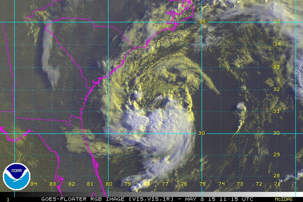 A satellite image shows a subtropical storm spinning off the Southeast U.S. coast in 2015.