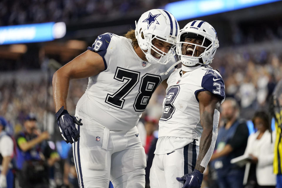 Dallas Cowboys wide receiver Brandin Cooks (3) celebrates after catching a touchdown with offensive tackle Terence Steele (78) during the second half of an NFL football game against the Los Angeles Chargers Monday, Oct. 16, 2023, in Inglewood, Calif. (AP Photo/Ashley Landis)