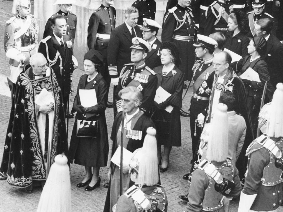 The funeral of Lord Mountbatten of Burma following his murder by the IRA (L-R), Reverend Edward Carpenter, HM Queen, Prince Philip, the Queen Mother, Prince Andrew Prince Charles, Princess Margaret, Princess Anne, Captain Mark Phillips, the Dowager Duchess of Gloucester, gathered outside Westminster Abbey, London, September 5th 1979.