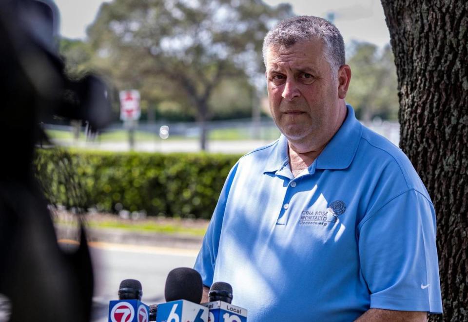 Parkland, Florida - July 5, 2023 - Tony Montalto, father of Gina Rose Montalto who died during the shooting in 2018, talks to the press after visiting the Freshman Building where his daughter died. Family members of the shooting victims at Marjory Stoneman Douglas High School visited the scene of the crime. The building will be demolished now that the trials are over.