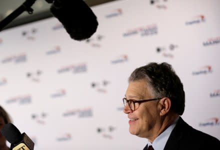 Senator Al Franken speaks to the media at a gala honoring David Letterman, who is receiving the Mark Twain Prize for American Humor, at Kennedy Center in Washington, U.S., October 22, 2017.   REUTERS/Joshua Roberts