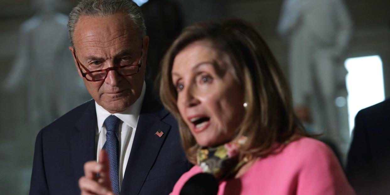 WASHINGTON, DC - AUGUST 07: U.S. Speaker of the House Rep. Nancy Pelosi (D-CA) and Senate Minority Leader Sen. Chuck Schumer (D-NY) speak to members of the press after a meeting with Treasury Secretary Steven Mnuchin and White House Chief of Staff Mark Meadows at the U.S. Capitol August 7, 2020 in Washington, DC. Treasury Secretary Steven Mnuchin, Speaker of the House Rep. Nancy Pelosi, Senate Minority Leader Sen. Chuck Schumer and White House Chief of Staff Mark Meadows were unable to reach a deal on a new relief package to help people weather the COVID-19 pandemic. (Photo by Alex Wong/Getty Images)