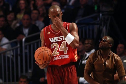 Kobe Bryant of the Los Angeles Lakers and the Western Conference reacts after a hard foul during the 2012 NBA All-Star Game at the Amway Center on February 26, in Orlando, Florida. Bryant moved past Michael Jordan to become the all-time leading NBA all-star game scorer but the milestone proved costly as the Los Angeles Lakers superstar suffered a broken nose Sunday