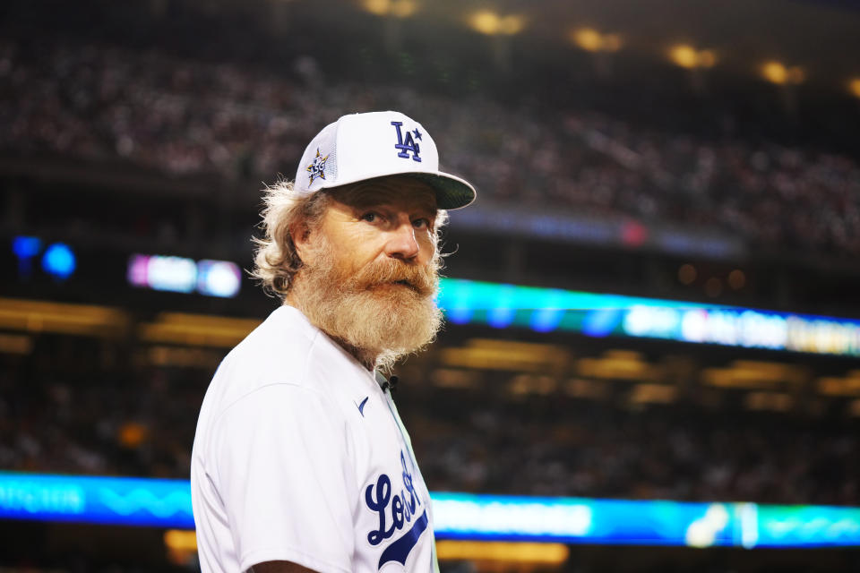 LOS ANGELES, CA - JULY 16:  Bryan Cranston looks on during the MGM All-Star Celebrity Softball Game at Dodger Stadium on Saturday, July 16, 2022 in Los Angeles, California. (Photo by Daniel Shirey/MLB Photos via Getty Images)