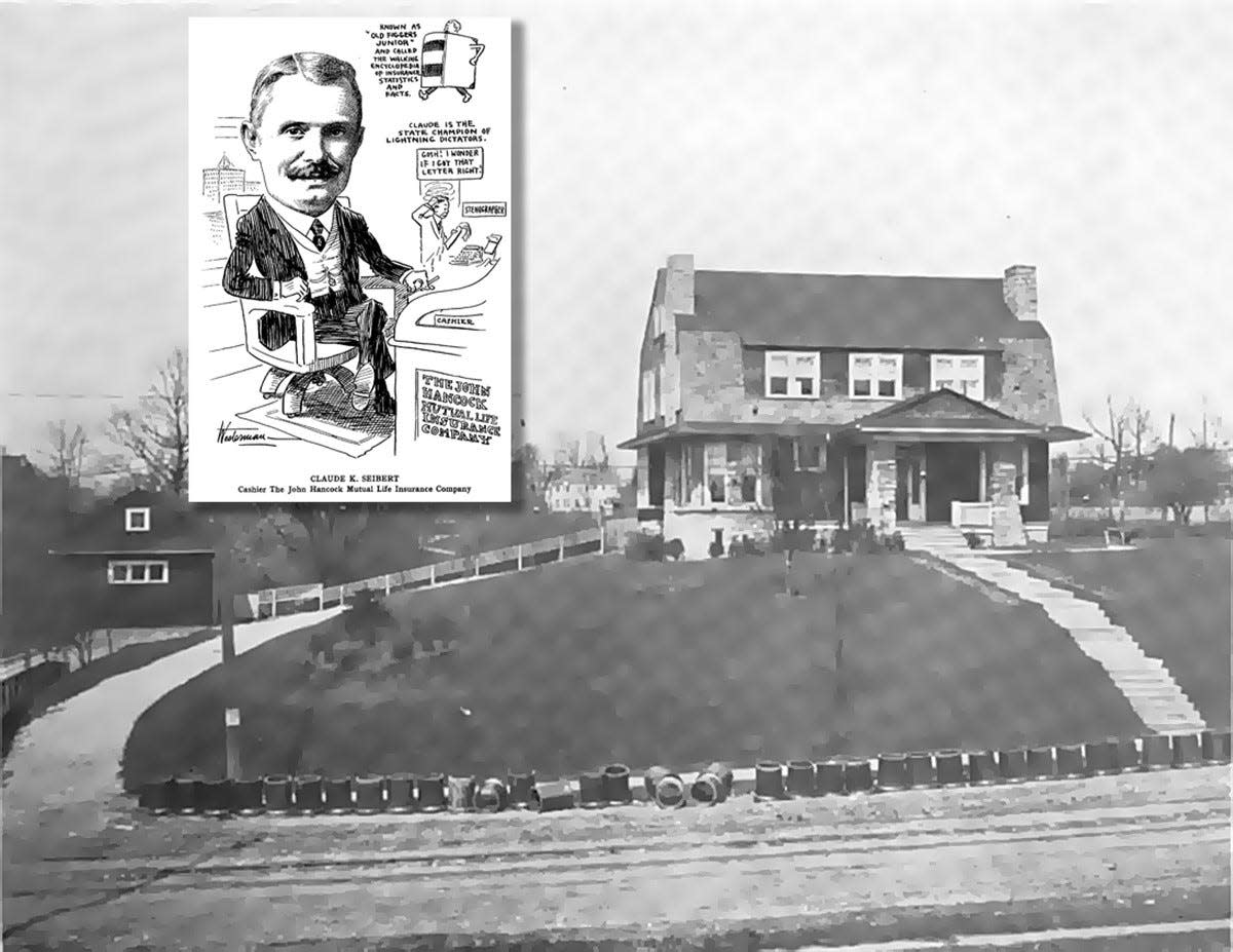 This is the home of Claude and Martha Seibert on the Broadview Hill in Grandview Heights. The photo is from “Illustrations of the work of Dawson & Holbrook, Architects” in the April 1914 issue of “Ohio Architect Engineer and Builder” magazine. The inset is a drawing of Claude Seibert from the 1911 book “Club Men of Columbus in Caricature."