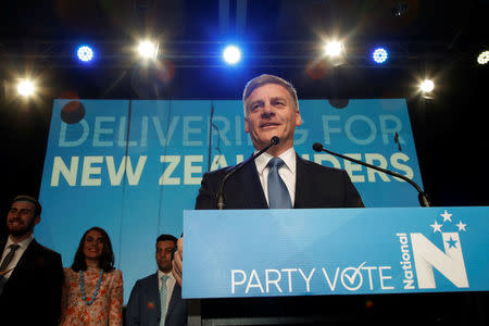 New Zealand Prime Minister Bill English speaks to supporters during an election night event in Auckland, New Zealand, September 23, 2017. REUTERS/Nigel Marple