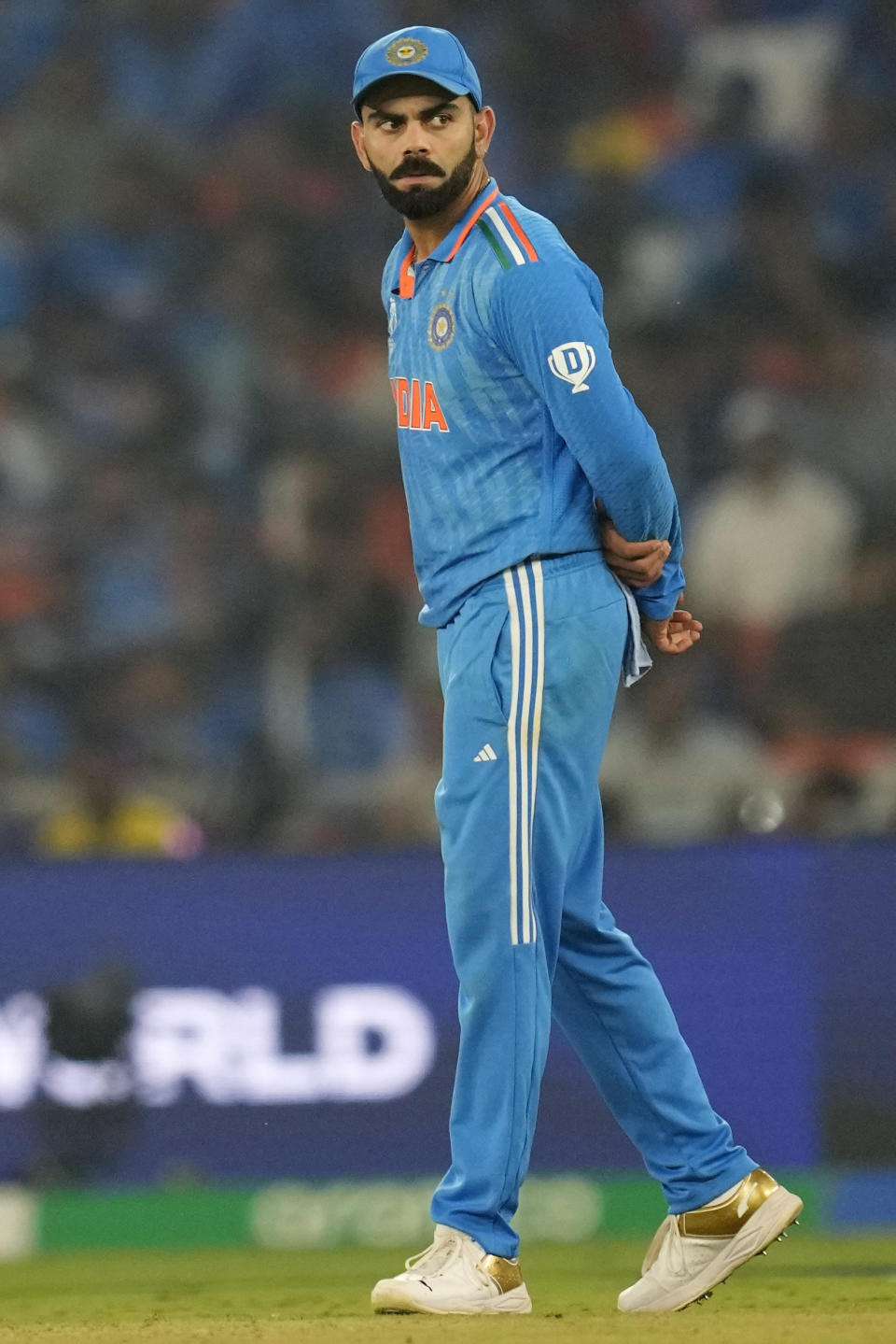 India's Virat Kohli reacts in the field during the ICC Men's Cricket World Cup final match between Australia and India in Ahmedabad, India, Sunday, Nov. 19, 2023. (AP Photo/Rafiq Maqbool)