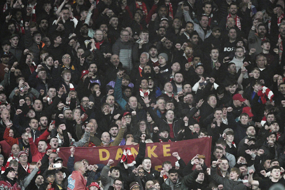 Fans cheer during the English League Cup final soccer match between Chelsea and Liverpool at Wembley Stadium in London, Sunday, Feb. 25, 2024. (AP Photo/Dave Shopland)