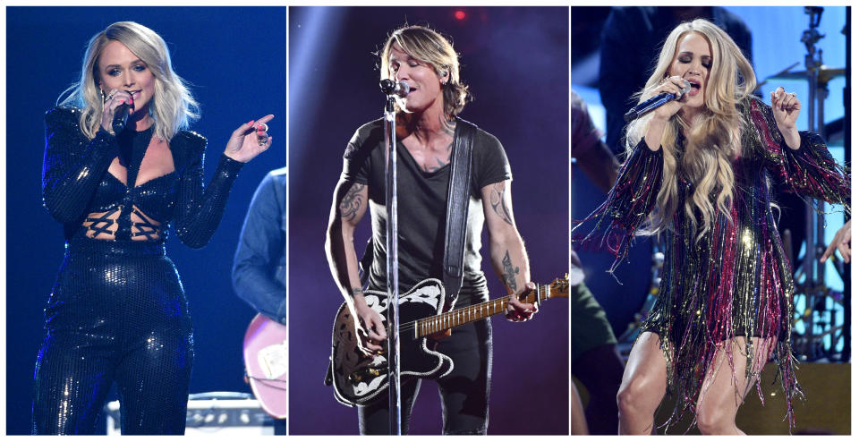 This combination photo shows country music stars, from left, Miranda Lambert, Keith Urban and Carrie Underwood, who are among 23 performers that will be featured in “ACM Presents: Our Country,” an at-home country music special that is airing on CBS on April 5, in lieu of their delayed Academy of Country Music awards show. (AP Photo)