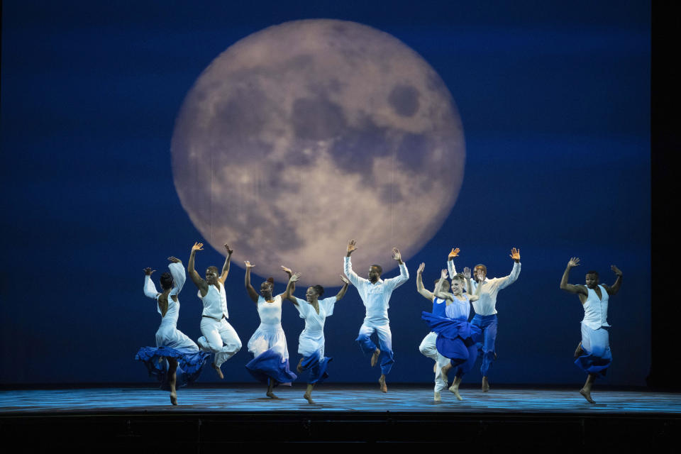 Dancers with Alvin Ailey American Dance Theater perform "Dancing Spirit" by Ronald K. Brown during the BAAND Together Dance Festival, Tuesday, July 25, 2023, at Lincoln Center in New York. (AP Photo/Mary Altaffer)