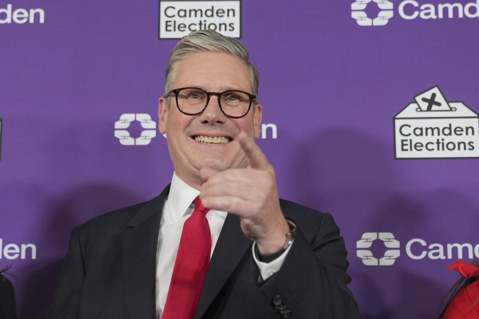 Britain's Labour Party leader Keir Starmer reacts on stage as he is elected for the Holborn and St Pancras constituency, in London, Friday, July 5, 2024. Britain's Labour Party appears to be headed for a huge majority in the 2024 UK election, an exit poll suggested. The poll released moments after voting closed indicated that Labour leader Keir Starmer will be the country's next prime minister.(AP Photo/Kin Cheung)