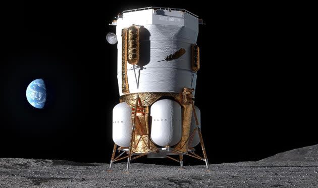 An artist’s conception shows Blue Origin’s Blue Moon Mark 1 lander on the moon. (Blue Origin Illustration)
