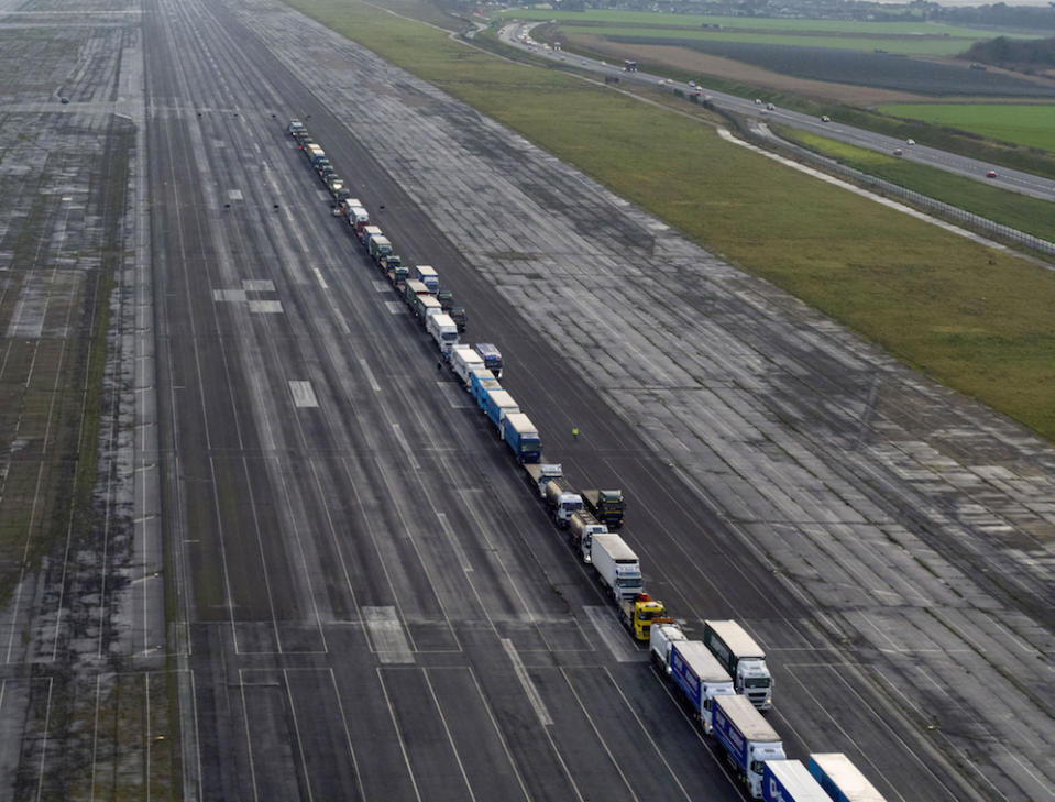 Lorries parked in a queue during a trial at the former Manston Airport site in Kent of a government plan to hold lorries there in the event of post-Brexit disruption at the channel ports (Picture: PA)