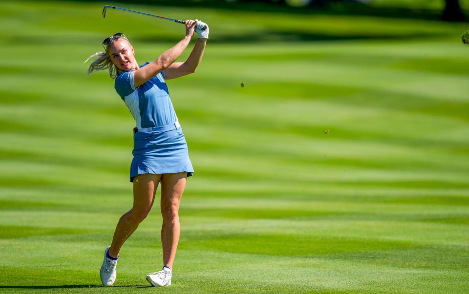 Europe's Charley Hull hits from the seventh fairway during a practice round prior to the Solheim Cup at the Robert Trent Jones Golf Club/Charley Hull allowed to smoke at Solheim Cup and spark Europe's pursuit of history