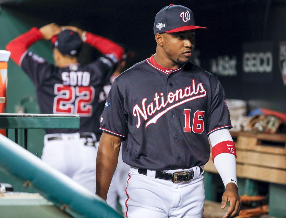 Washington Nationals' Victor Robles waits for the start of Game 3 of the baseball National League Championship Series against the St. Louis Cardinals Monday, Oct. 14, 2019, in Washington. (AP Photo/Jeff Roberson)