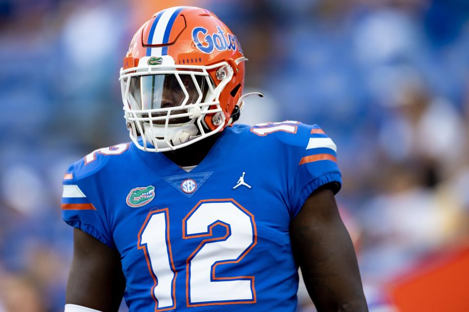 Florida Gators defensive lineman Justus Boone (12) looks on before the game against the South Florida Bulls at Steve Spurrier Field at Ben Hill Griffin Stadium in Gainesville, FL on Saturday, September 17, 2022. [Matt Pendleton/Gainesville Sun]