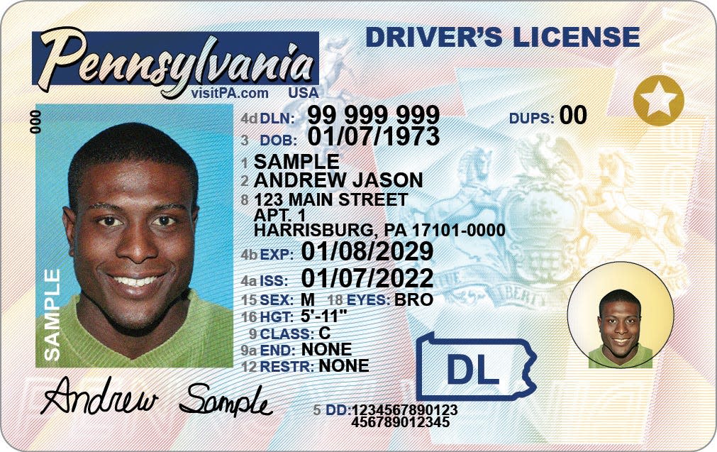 This is a sample of a REAL ID-Compliant Non-Commercial Driver's License showing the REAL ID star in the right corner. Starting in May 2025, residents will need a REAL ID card or an alternate federally accepted form of identification to board commercial U.S. flights.