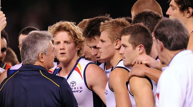 Craig speaks to the team during the break as they play St Kilda, on Friday July 22.