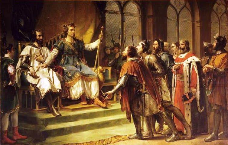 <span class="caption">Capetian ‘Saint’ Louis IX, who ruled from 1226 to 1270, was a famously devout Catholic ‘crusader king’.</span> <span class="attribution"><a class="link " href="https://commons.wikimedia.org/wiki/File:Rouget_-_Saint_Louis_m%C3%A9diateur_entre_le_roi_d%27Angleterre_et_ses_barons_(23_janvier_1264).jpg" rel="nofollow noopener" target="_blank" data-ylk="slk:Georges Rouget;elm:context_link;itc:0;sec:content-canvas">Georges Rouget</a></span>