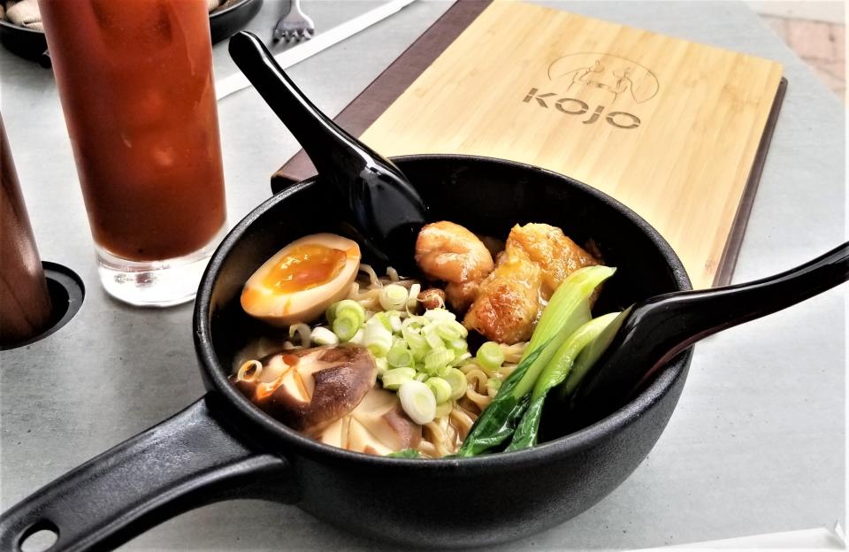 Kojo opened this year in downtown Sarasota. Pictured is the Kojo Ramen with oven roasted chicken, soy egg, house made noodles, bok choy, and shitake. The drink is the Kojo Bloody Mary with vodka, "house secret bloody mary mix" and togarashi.