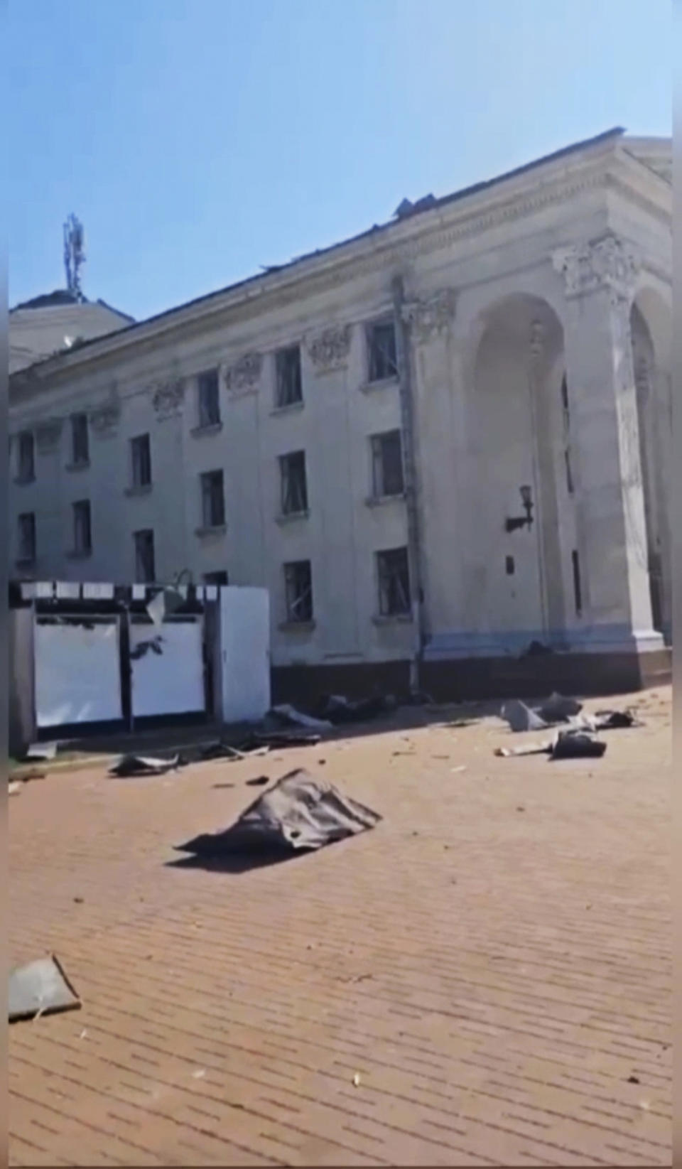 In this photo taken from video provided by the Ukrainian Presidential Press Office and posted on Facebook, a view of Taras Shevchenko Chernihiv Regional Academic Music and Drama Theatre damaged by a Russian attack in Chernihiv, Ukraine, Saturday, Aug. 19, 2023. (Ukrainian Presidential Press Office via AP)