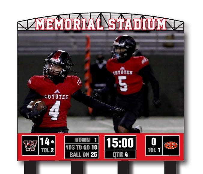 This is a representational image provided by OES Scoreboards of what the 35-by-25-foot LED display to be installed at the south end of Memorial Stadium will look like.