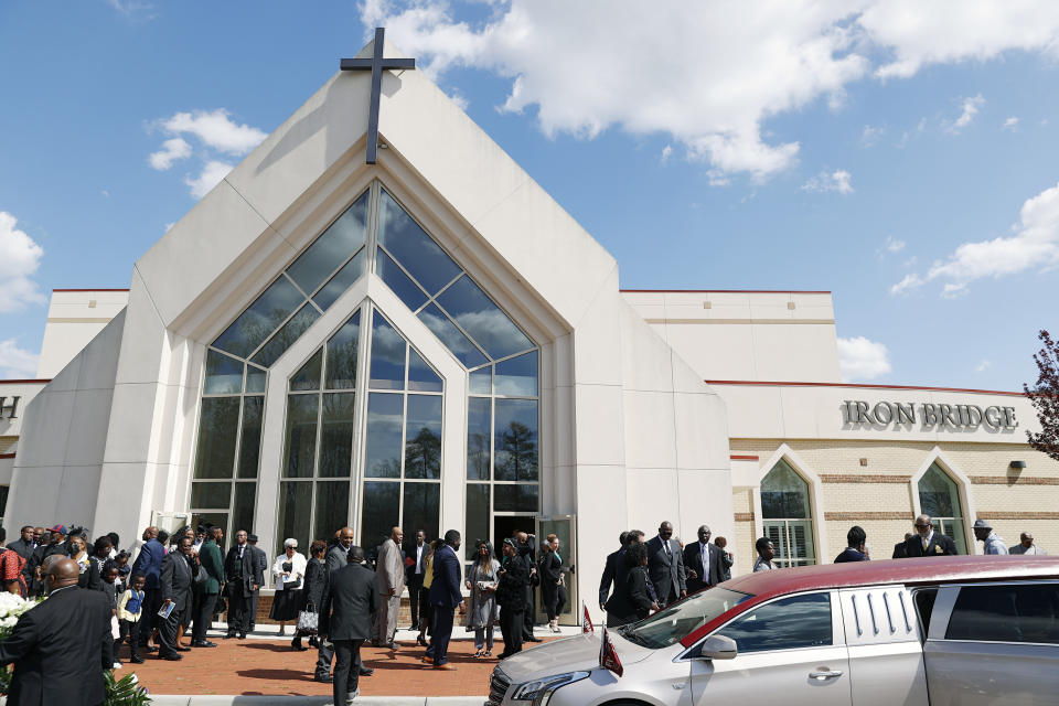 Mourners gather outside First Baptist Church of South Richmond after the celebration of life for Irvo Otieno in North Chesterfield, Va., on Wednesday, March 29, 2023. Irvo Otieno, a 28-year-old Black man, died after he was pinned to the floor by seven sheriff's deputies and several others while he was being admitted to a mental hospital. (Eva Russo/Richmond Times-Dispatch via AP)