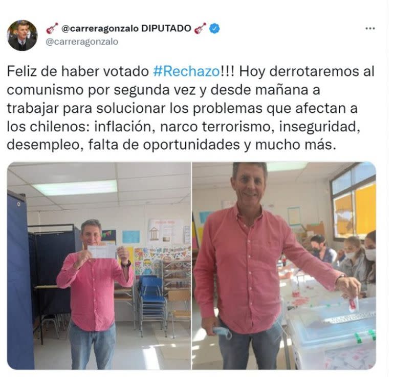 El diputado de extrema derecha Gonzalo de la Carrera incumplió la normativa electoral luego de publicar en Twitter su voto marcado