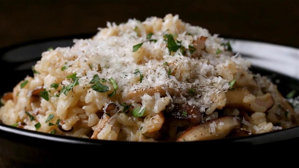 Mushroom risotto in a bowl.