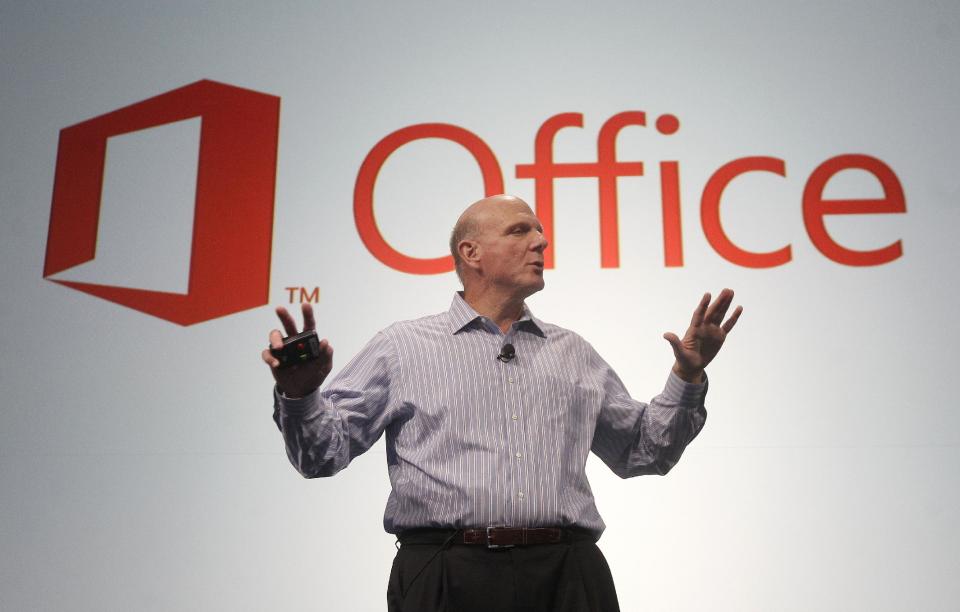 Microsoft CEO Steve Ballmer speaks at a Microsoft event in San Francisco, Monday, July 16, 2012. Microsoft unveiled a new version of its widely used, lucrative suite of word processing, spreadsheet and email programs Monday, one designed specifically with tablet computers and Internet-based storage in mind. (AP Photo/Jeff Chiu)