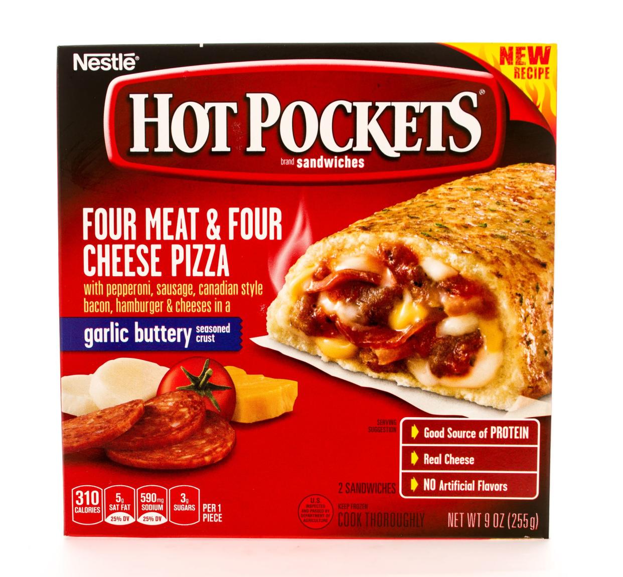 Winneconni, WI, USA  - 13 June 2015: Box of Hot Pockets in four meat & four cheese pizza flavor.