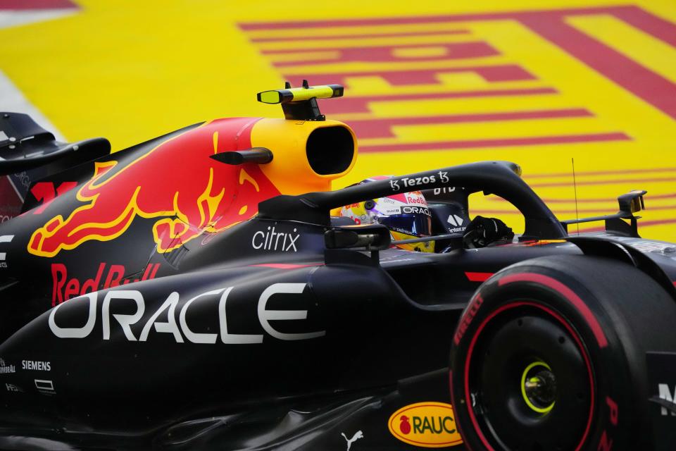 Red Bull driver Sergio Perez of Mexico steers his car during the qualifying session at the Baku circuit, in Baku, Azerbaijan, Saturday, June 11, 2022. The Formula One Grand Prix will be held on Sunday. (AP Photo/Sergei Grits)