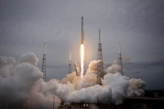 A SpaceX Falcon 9 v1.1 rocket blasts off for the International Space Station carrying an unmanned Dragon cargo ship on April 18, 2014. The mission launched from Cape Canaveral Air Force Station in Florida and is SpaceX's third cargo delivery fo