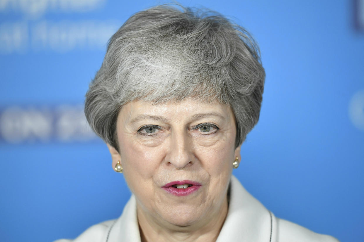 Britain's Prime Minster Theresa May speaks at a EU election campaign event in Bristol, England, Friday May 17, 2019. Talks between Britain's government and opposition aimed at striking a compromise Brexit deal broke down without agreement Friday, plunging the country back into a morass of uncertainty over its departure from the European Union. (Toby Melville/Pool via AP)