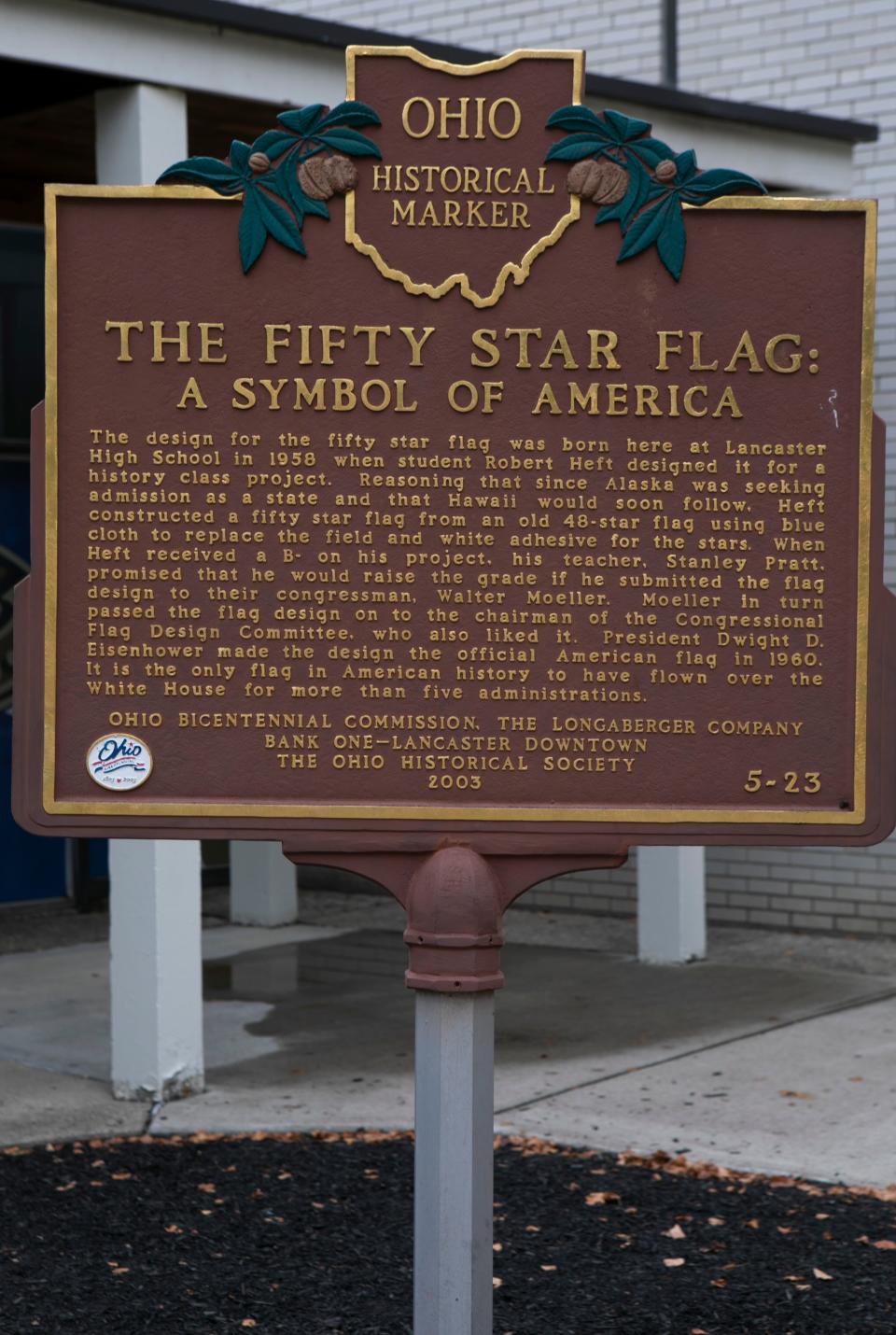 The Ohio Historical Marker for the fifty star flag in front of Lancaster High School on September 26, 2023, in Lancaster, Ohio.