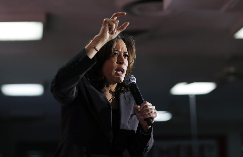 Democratic presidential candidate Sen. Kamala Harris, D-Calif., speaks at a town hall event at the Culinary Workers Union, Friday, Nov. 8, 2019, in Las Vegas. (AP Photo/John Locher)