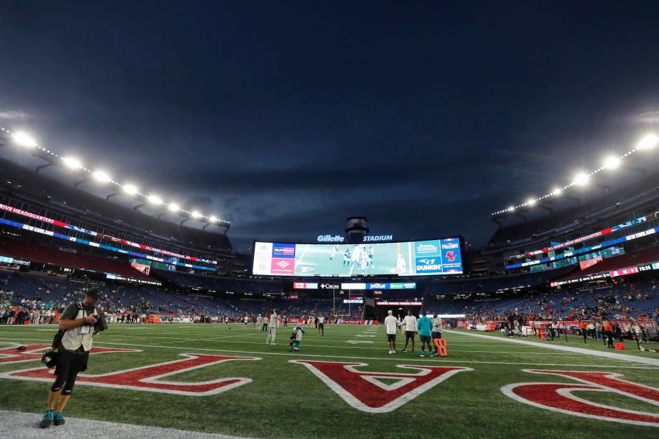 Gillette Stadium is seen before an NFL game between the New England Patriots and the Miami Dolphins, Sunday, Sept. 17, 2023, in Foxborough, Mass.