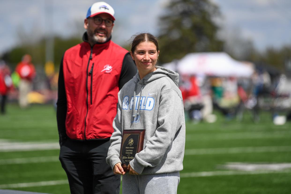 Lincoln’s Ellen Merkley receives the Gold Medal Scholarship during the Howard Wood Dakota Relays on Saturday, May 4, 2024, at Howard Wood Field in Sioux Falls.