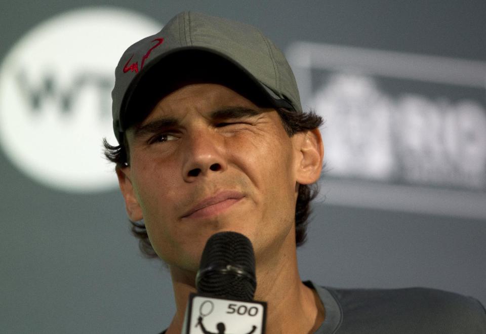 Rafael Nadal, of Spain, listens to a question at a press conference ahead of the Rio Open ATP in Rio de Janeiro, Brazil, Friday, Feb. 14, 2014. The Rio Open ATP tennis tournament starts Saturday. (AP Photo/Silvia Izquierdo)