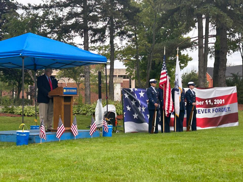 Sault Mayor Don Gerrie speaks to students and community members about the importance of remembering on Monday, Sept. 11, 2023.